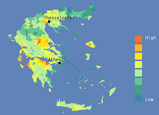 Geographic pattern of earthquake damage risk in Greece