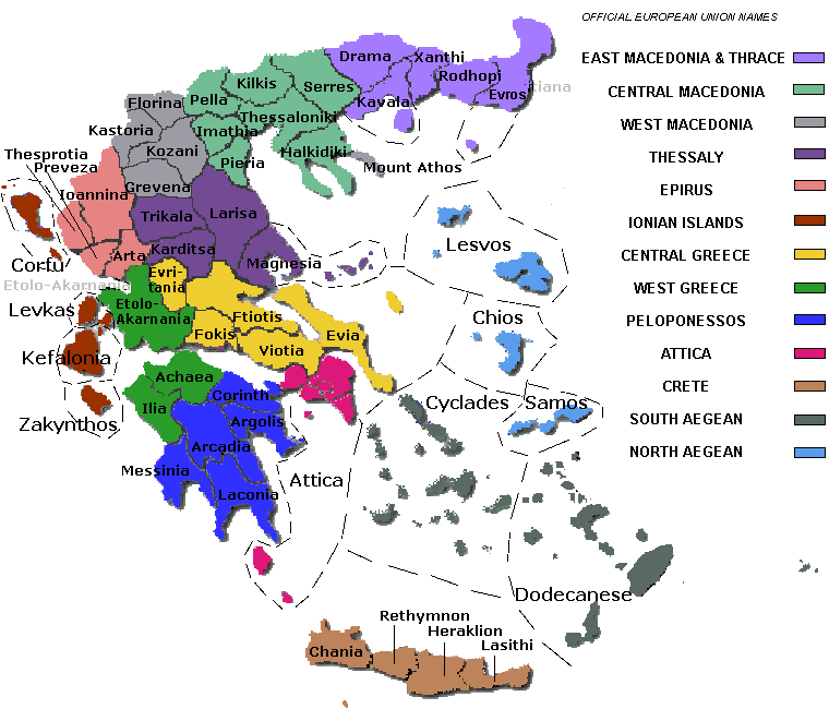 map of the regions and prefectures of Greece